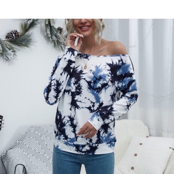 White Blue Tie Dye Off-Shoulder Top - Picture 5 of 5